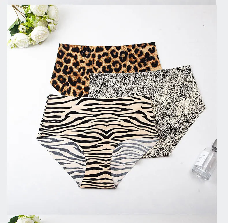 6pcs Women's Seamless Ice Silk Panties Female Mid Waist Plus Size Leopard Print Underwear Girls Fashion Brief Lady Comfort Panty