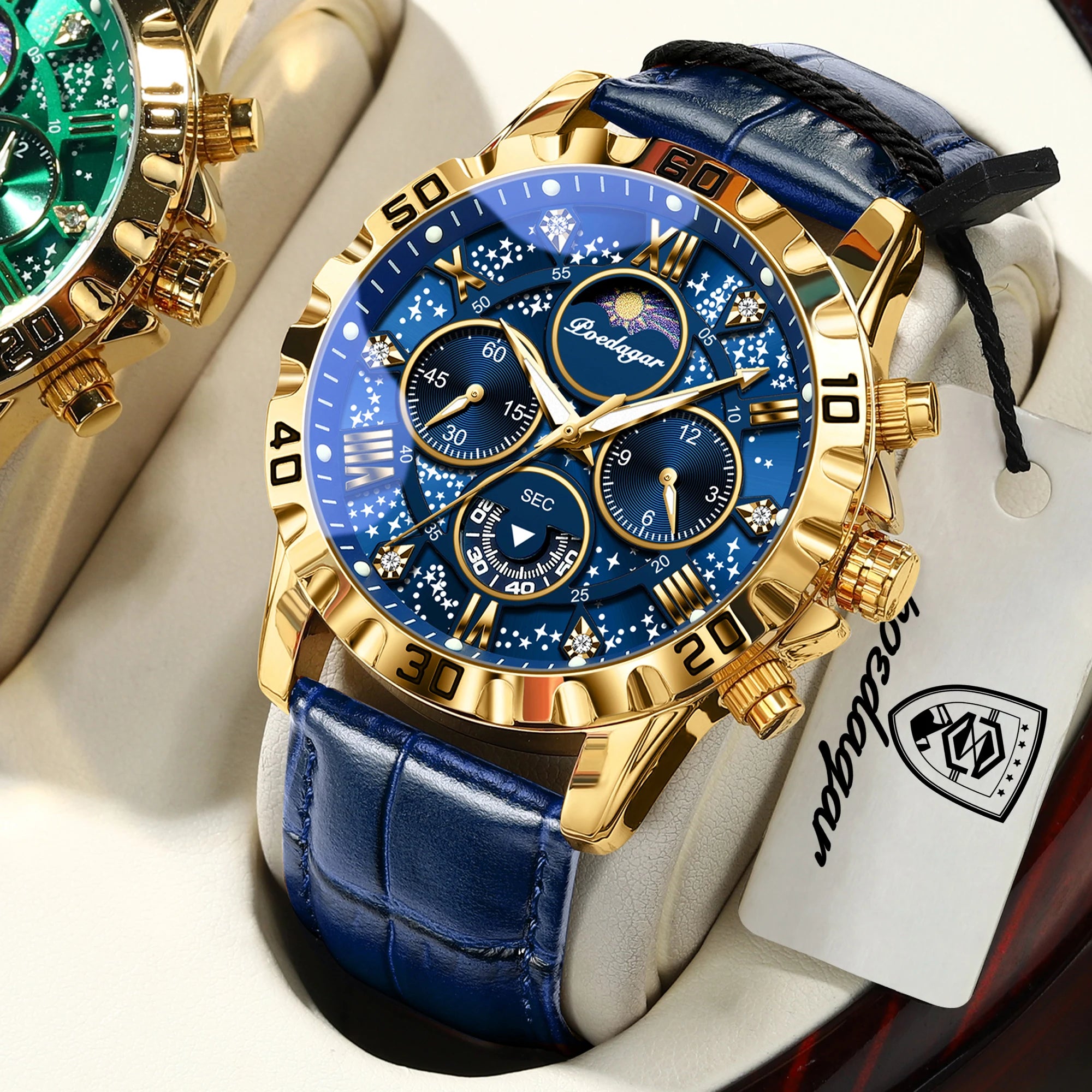 POEDAGAR Top Functional Luxury Man Wristwatch Waterproof Luminous Chronograph Leather Sports Watches For Men Quartz Men's Watch