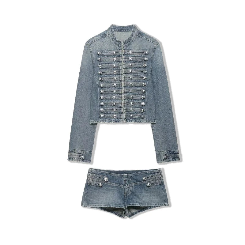 2026 New Women Denim 2 Piece Set Streetwear Button Decorated Stand Collar Cropped Jacket + Low Waist Shorts Y2K Outfi