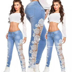 Pencil Pants Jeans Women Sexy Hollow Out Denim Pant Hole Pockets Mid Waist Washed Button Lace Spliced Mom Lady Slight Strech