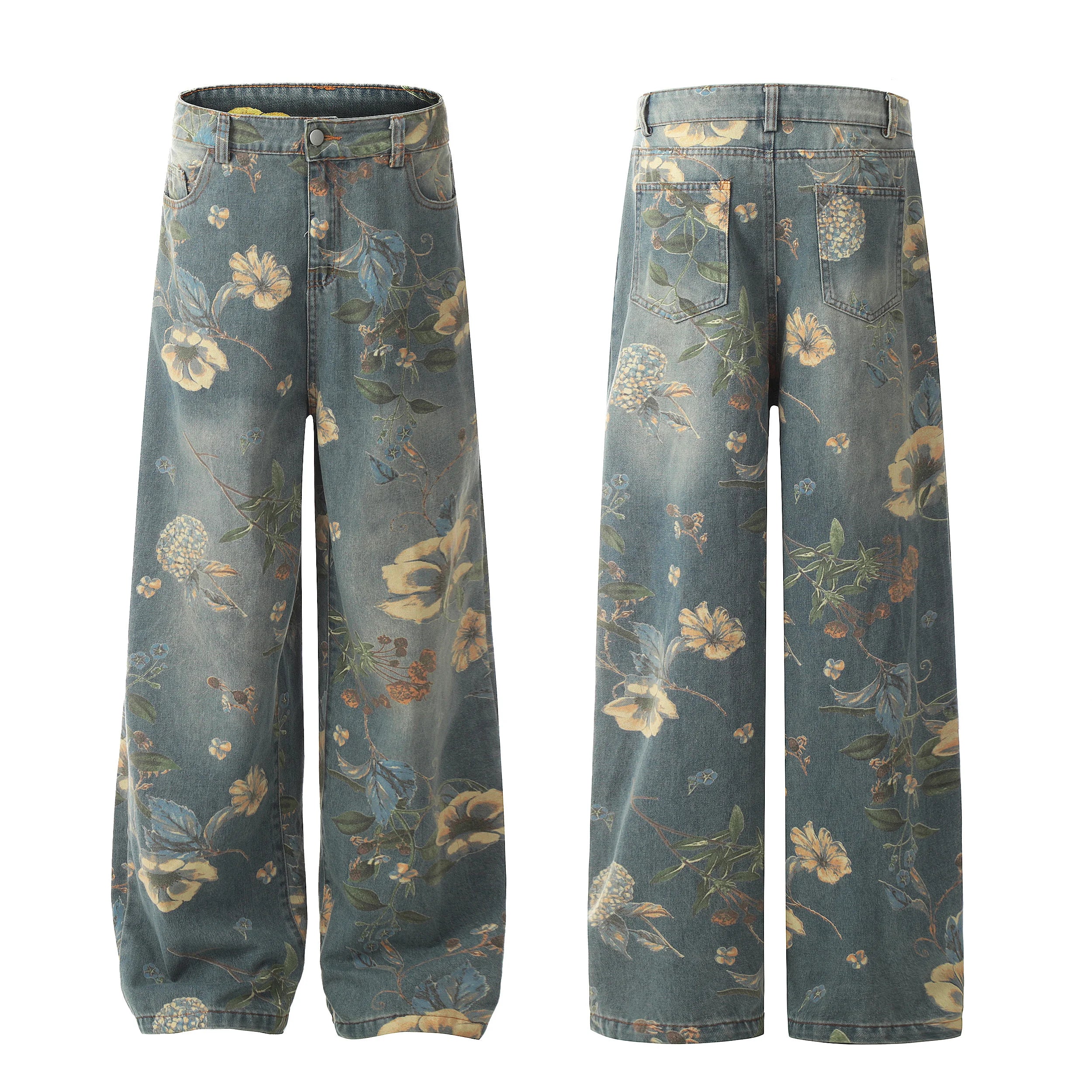 2026 New Vintage Floral Print Wide Leg Denim Pants Y2K High Waisted Distressed Washed Jeans Streetwear Loose Casual Trousers