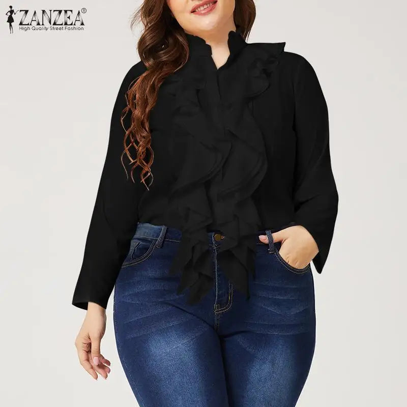 ZANZEA Elegant Women Blouse Ruffles Tops Fashion Long Sleeve Shirts Flounce Blusas Stylish OL Work Shirt Female White Blouses