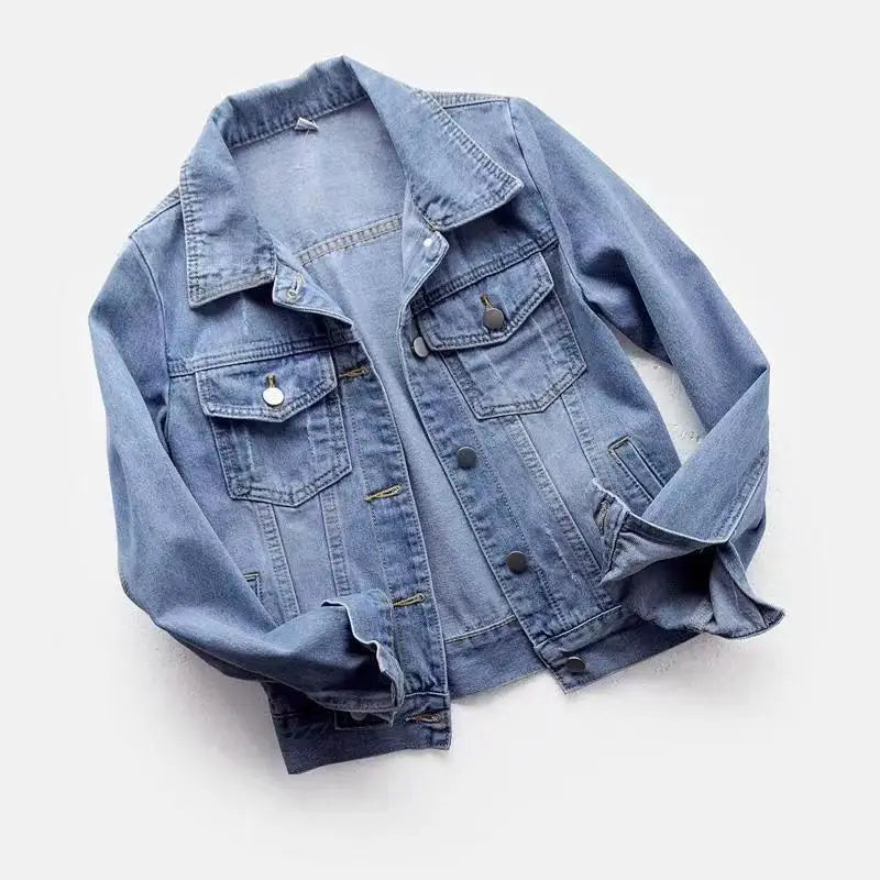 Slim Fit Denim Jacket for Women Short Washed Single Breasted Long Sleeve Tops