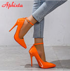 Aphixta Orange New Luxury Crystals Buckle Pimp Super High 12cm Stiletto heels Pumps Women Shoes Pointed Toe Colorful Party Pumps