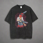 🪚 Chainsaw Man Acid-Washed Vintage Graphic T-Shirt – Harajuku Streetwear