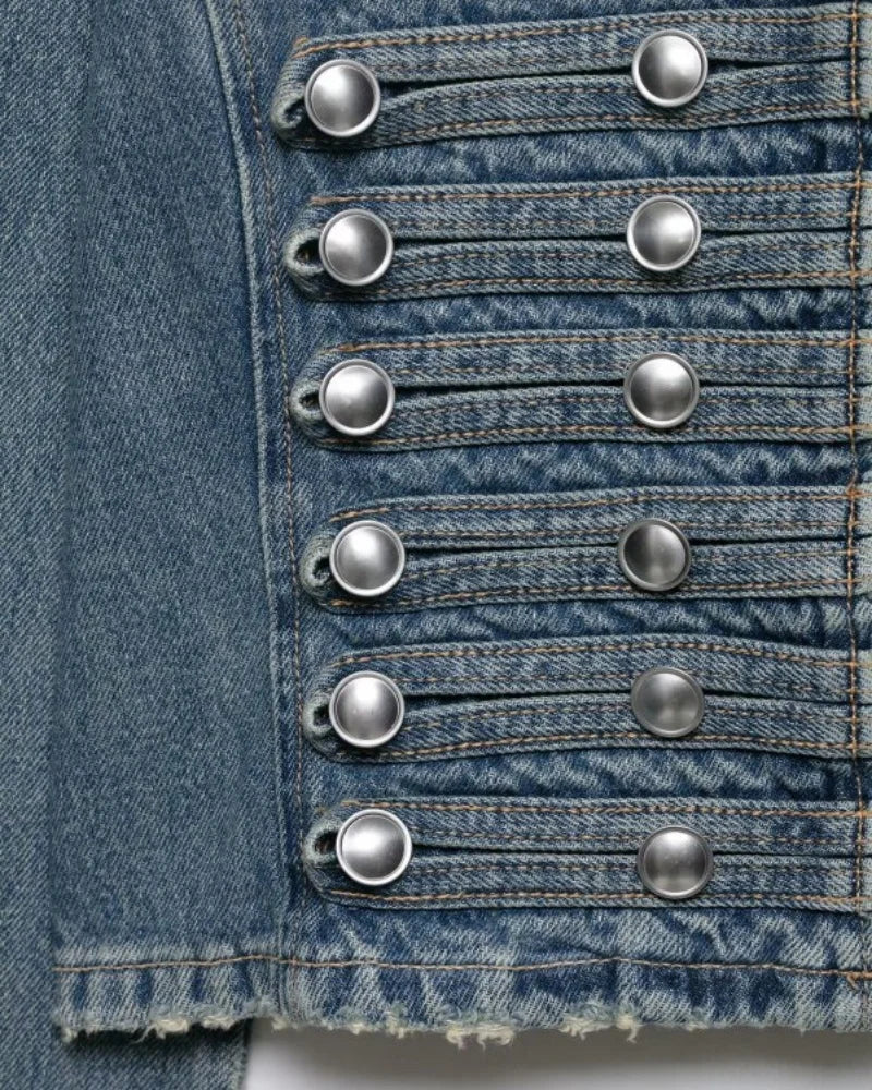 2026 New Women Denim 2 Piece Set Streetwear Button Decorated Stand Collar Cropped Jacket + Low Waist Shorts Y2K Outfi