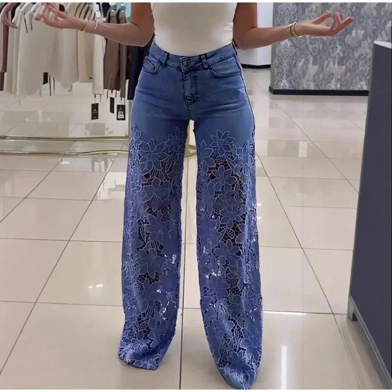 Lace Spliced Elegant Hollow Out Jeans Women New Fashion Temperament High Waist Straight Loose Denim Trousers Y2k Streetwear