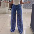 Lace Spliced Elegant Hollow Out Jeans Women New Fashion Temperament High Waist Straight Loose Denim Trousers Y2k Streetwear