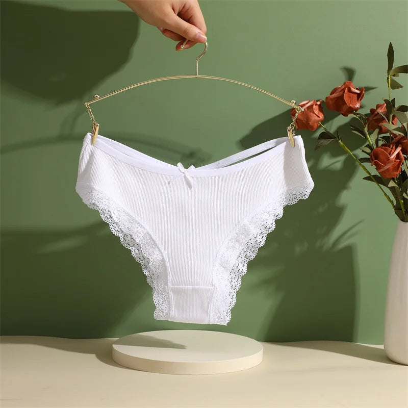3PCS/Set Women’s Cotton Lace Bikini Panties – Low-Rise Breathable Soft Stretch Underwear (95% Cotton Comfort Fit) Sexy Low Rise Lace Brazilian Panties Hollow Out Soft Breathable Lingerie Female Bow Underwear S-XL