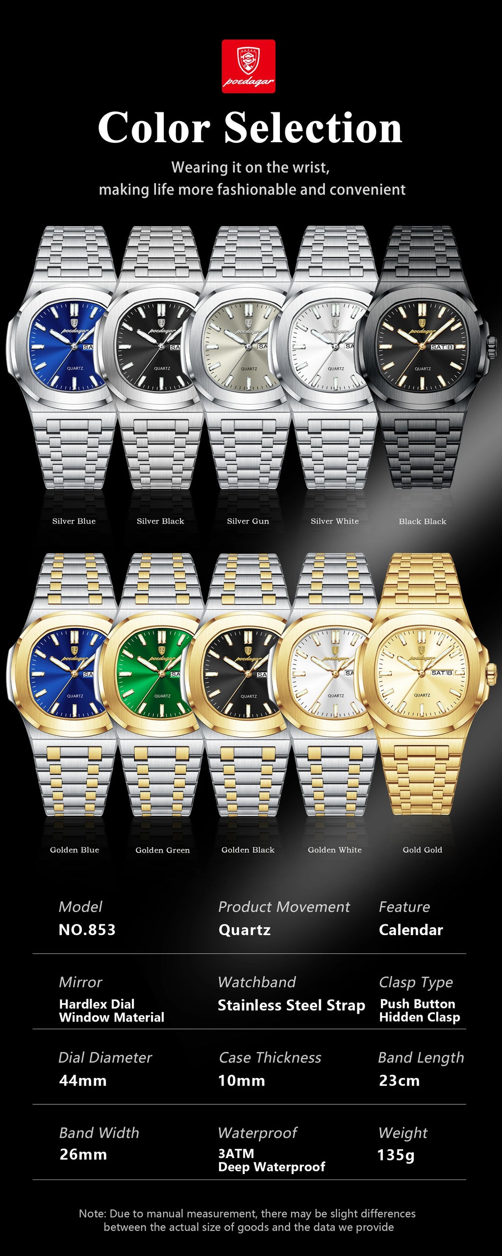 POEDAGAR Top Trendy Men's Watches Waterproof Luminous Date Week Luxury Men Watch Stainless Steel Quartz Business Man Clock Reloj