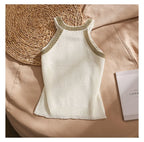 2026 Summer Sleeveless Knitted Vest Shirt Slim Halter Neck Beaded Tops Slim Sexy Bright Silk Women Camisole