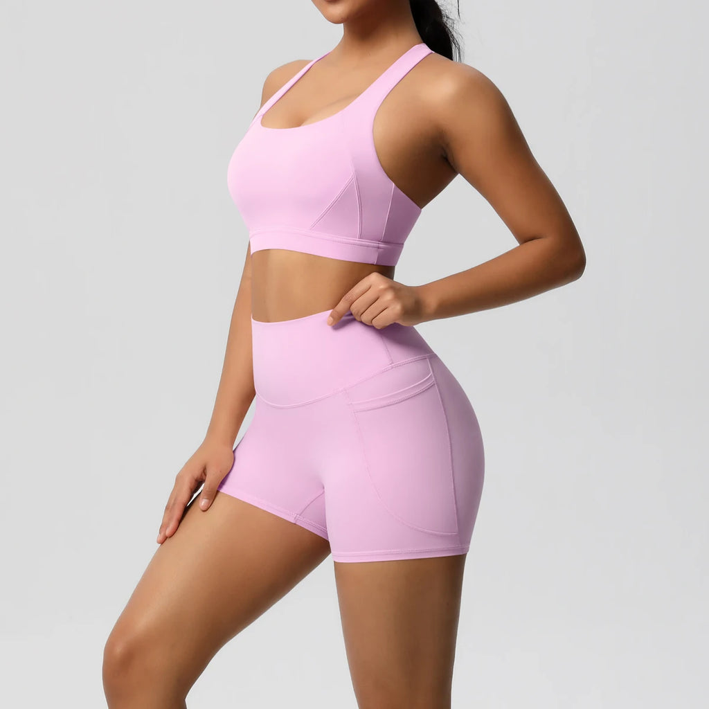 2PCS Sportswear With Pocketed Yoga Set Gym Clothes Yoga Suits For Women Tracksuits Sports Shorts Crossover Bra Gym Leggings