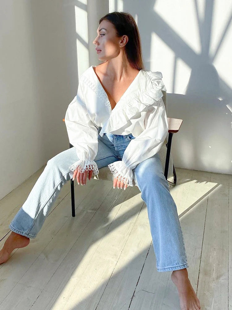 Women's White Tie Front Knot Blouse Elegant Sexy Oversized Collared Shirt with Bow Detail 2026 Women's Office Wear Tops