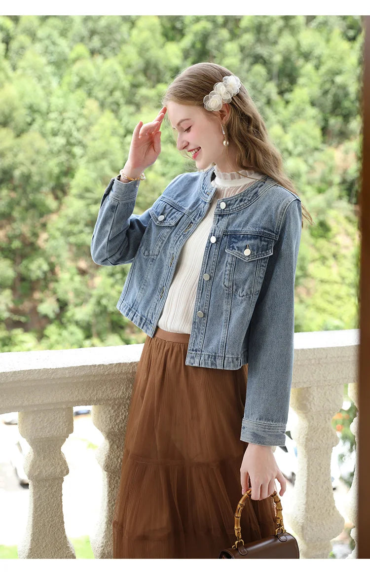 I BELIEVE YOU Short Denim Coat for Women 2024 Crew Neck Autumn New Casual Basic Straight Comfort Retro Female Jackets CWN245542A
