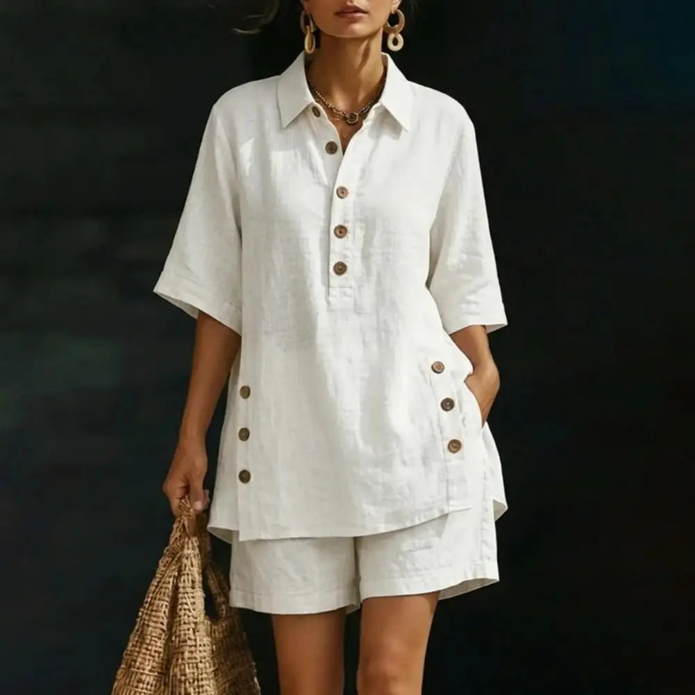 Fresh Color Women Blouse Cotton Linen Set Button Short Sleeve Shirt And Wide Leg Shorts 2 Piece Outfit Summer Women Outfit