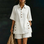 Fresh Color Women Blouse Cotton Linen Set Button Short Sleeve Shirt And Wide Leg Shorts 2 Piece Outfit Summer Women Outfit