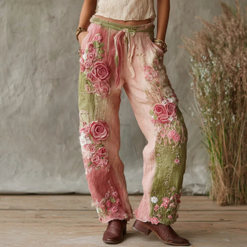 Cosplay Floral Printed Trousers Elegant Women Pants 3D Pattern Straight Leg Casual Party Long Pants