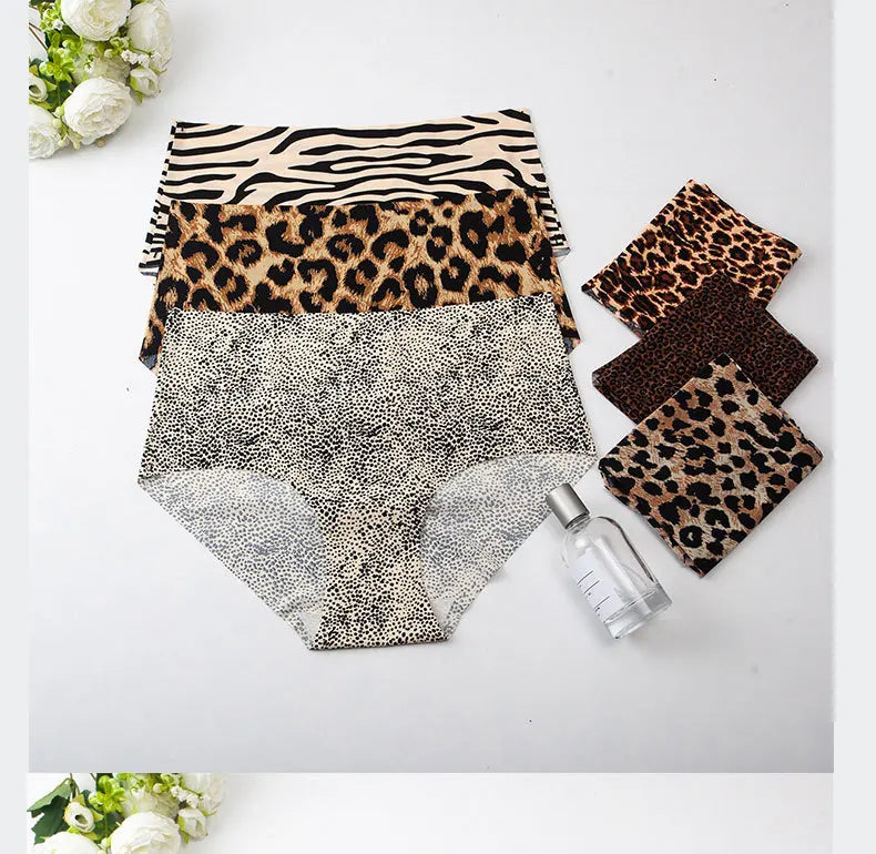 6pcs Women's Seamless Ice Silk Panties Female Mid Waist Plus Size Leopard Print Underwear Girls Fashion Brief Lady Comfort Panty