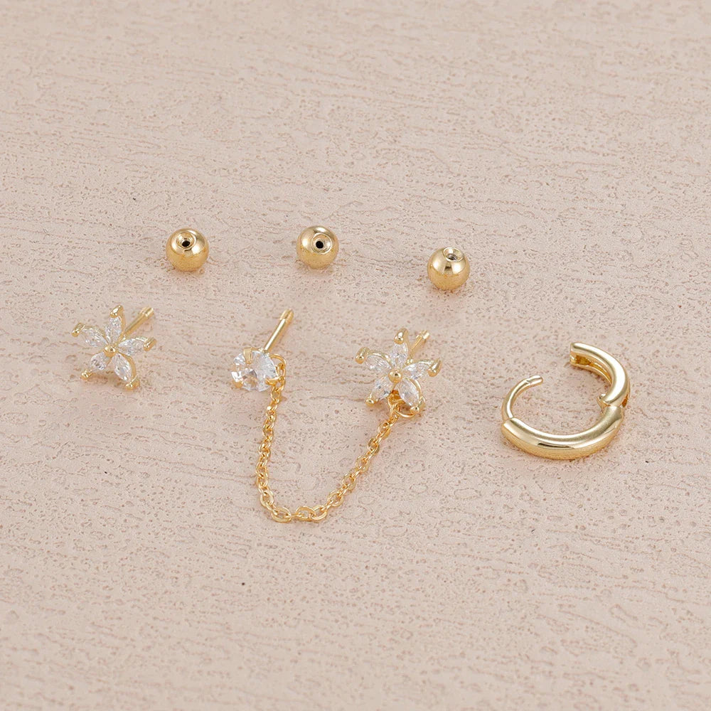 3PCS Zircon Flower Ear Stud Earrings