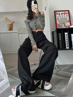 2025 Fall Winter Elegant Gray Suits Pants for Women Office Lady High Waist Wide Leg Fashion Trousers with Pockets Black Pants