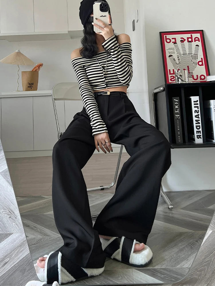 2025 Fall Winter Elegant Gray Suits Pants for Women Office Lady High Waist Wide Leg Fashion Trousers with Pockets Black Pants