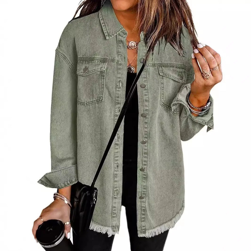 New Washed Denim Shirt Jacket for Women Fall/Winter Street Style with Distressed Hem Women's Outerwear