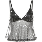 Weird Puss Sequins Patchwork Mesh Camisole Women v-Neck Sexy Backless Summer Trend Street Midnight Versatile Hottie Classic Tops