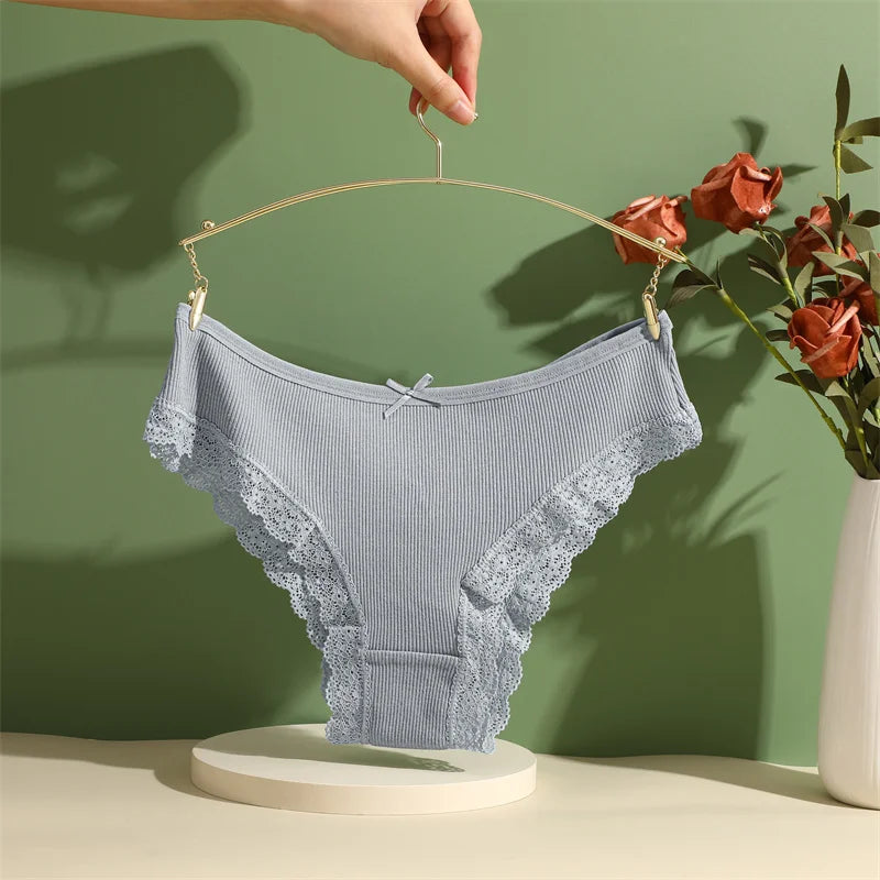 3PCS/Set Women’s Cotton Lace Bikini Panties – Low-Rise Breathable Soft Stretch Underwear (95% Cotton Comfort Fit) Sexy Low Rise Lace Brazilian Panties Hollow Out Soft Breathable Lingerie Female Bow Underwear S-XL