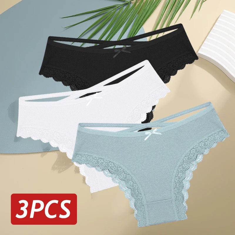 3PCS/Set Women’s Cotton Lace Bikini Panties – Low-Rise Breathable Soft Stretch Underwear (95% Cotton Comfort Fit) Sexy Low Rise Lace Brazilian Panties Hollow Out Soft Breathable Lingerie Female Bow Underwear S-XL