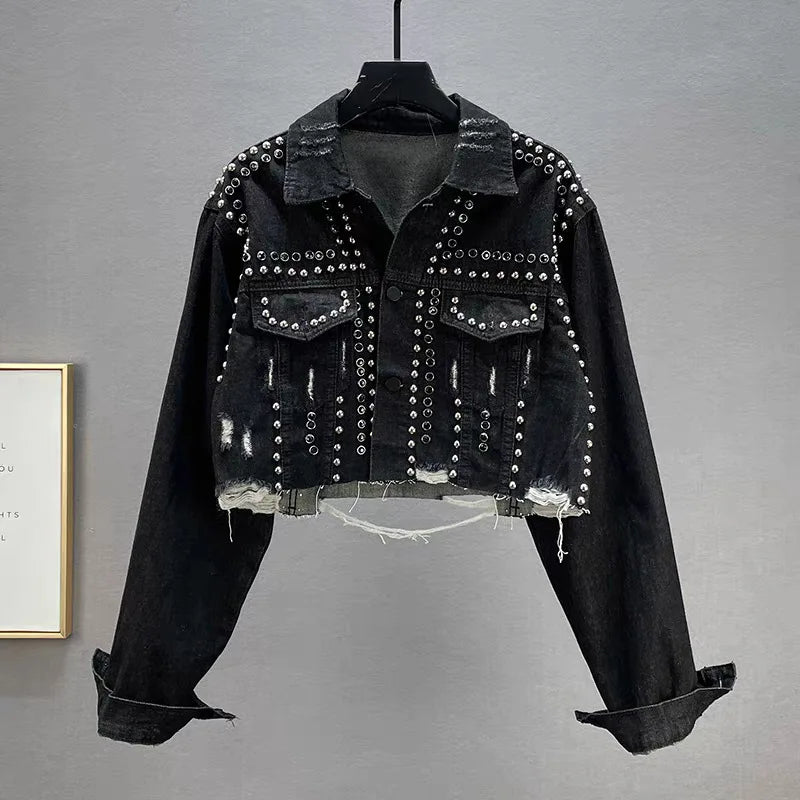Women's Heavy Industry Riveted Diamond Denim Jacket Spring  Autumn New Slim Fashion Frayed Beaded Jacket Denim Female Tops 2026