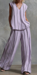 Black White Vertical Striped Loose Top+Wide Leg Pants Two-piece Summer Women's Loose Cotton Linen Trousers Set Костюм Женский
