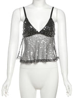 Weird Puss Sequins Patchwork Mesh Camisole Women v-Neck Sexy Backless Summer Trend Street Midnight Versatile Hottie Classic Tops