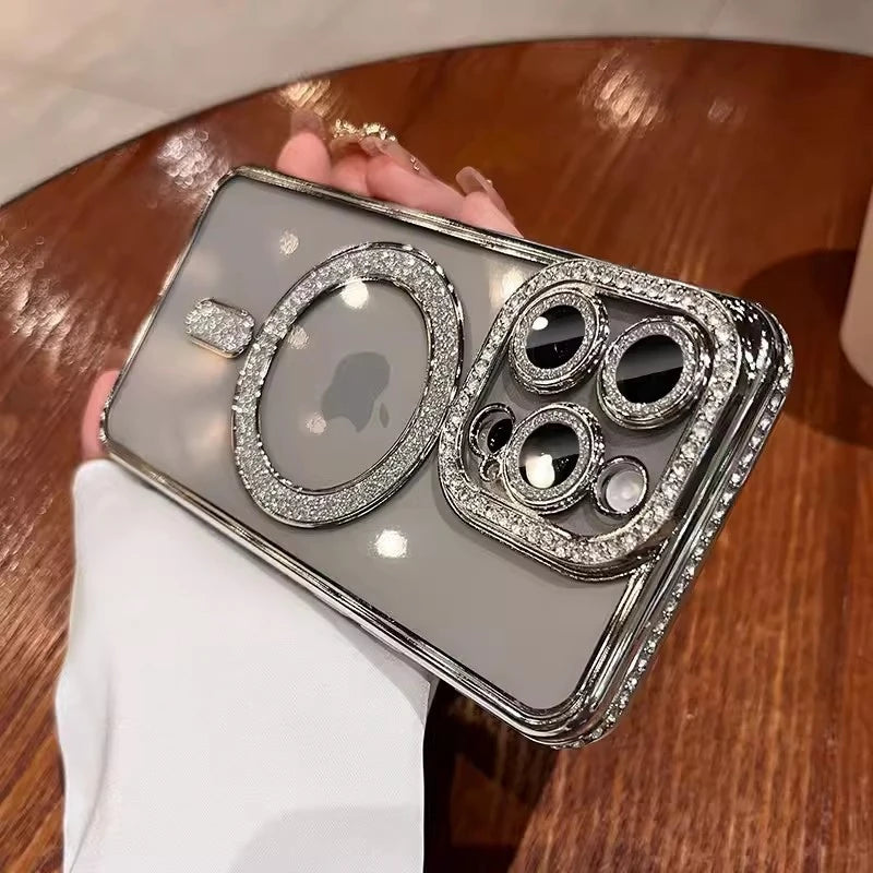 Luxury Glitter Diamond Clear Phone Case For iPhone 15 11 12 13 14 Pro Max Magsafe Magnetic iphone Case Wireless Charging Cover