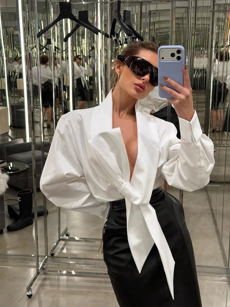 Women's White Tie Front Knot Blouse Elegant Sexy Oversized Collared Shirt with Bow Detail 2026 Women's Office Wear Tops