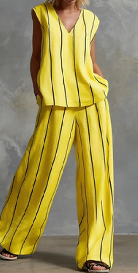Black White Vertical Striped Loose Top+Wide Leg Pants Two-piece Summer Women's Loose Cotton Linen Trousers Set Костюм Женский