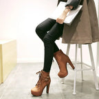 New Women's Pumps Shoes Womens Thick Sole Boots Lace Up Ladies Ankle Boots Comfortable Stiletto Heels Botas Altas Mujer