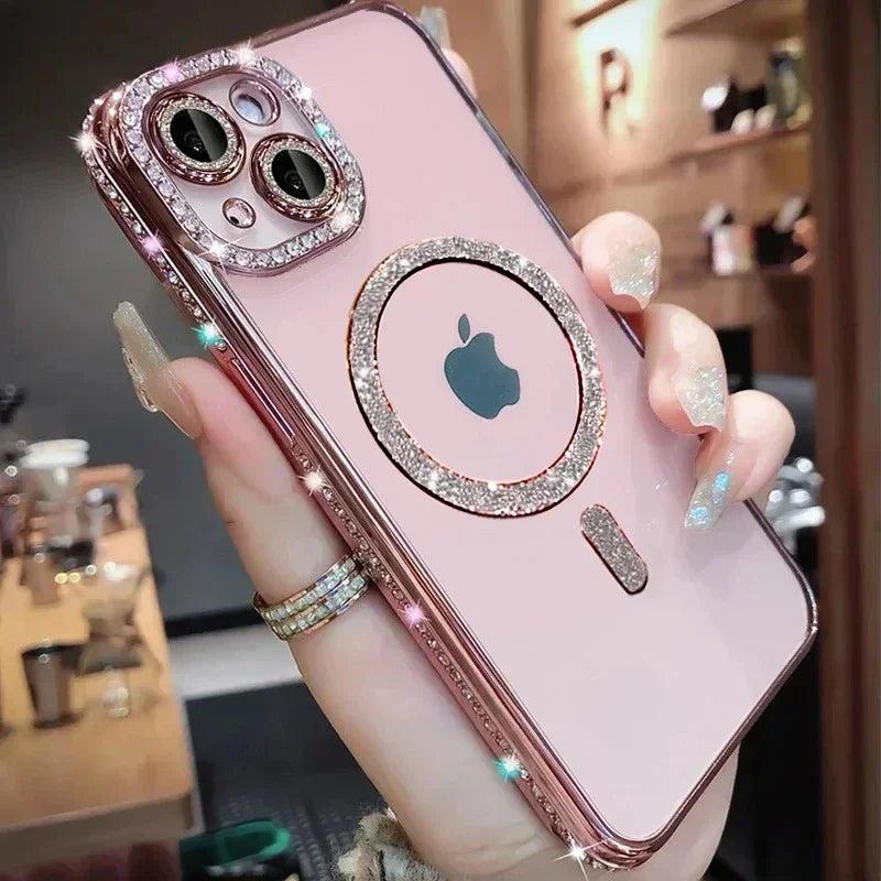 Clear Bling Crystal Phone Case For iPhone 16 15 14 11 12 13 Pro Max Plus For Magsafe Magnetic Wireless Charging Lens Film Cover