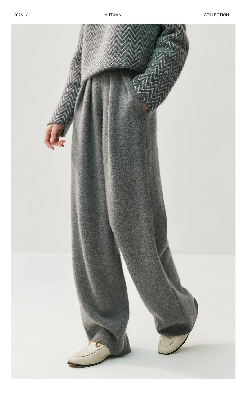 New Women's 100% Cashmere Knitted Thick Pants Autumn Winter Comfortable Skin Friendly Wide-leg Pants Solid Color Casual Clothing