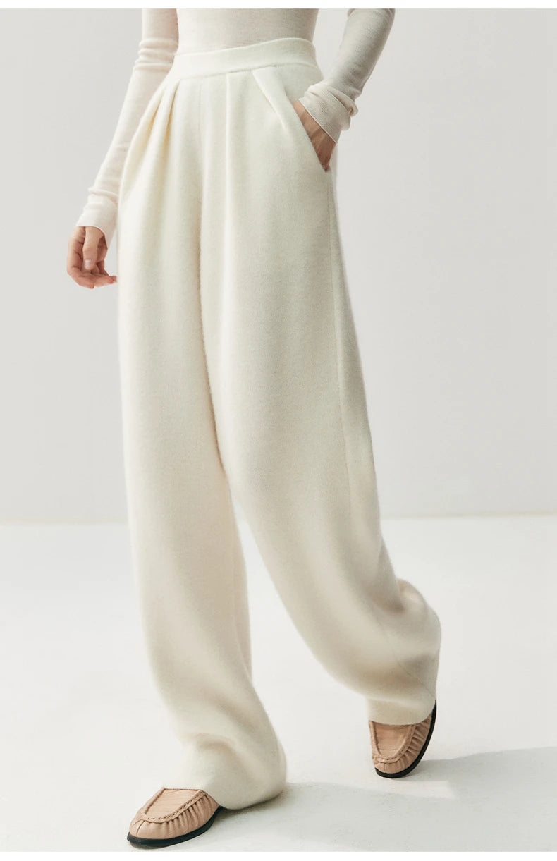 New Women's 100% Cashmere Knitted Thick Pants Autumn Winter Comfortable Skin Friendly Wide-leg Pants Solid Color Casual Clothing