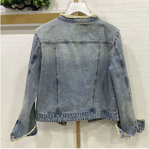 2026 Spring Fringed Denim Jacket For women Autumn New Heavy industry Nail bead Denim Top Female Short Outwear