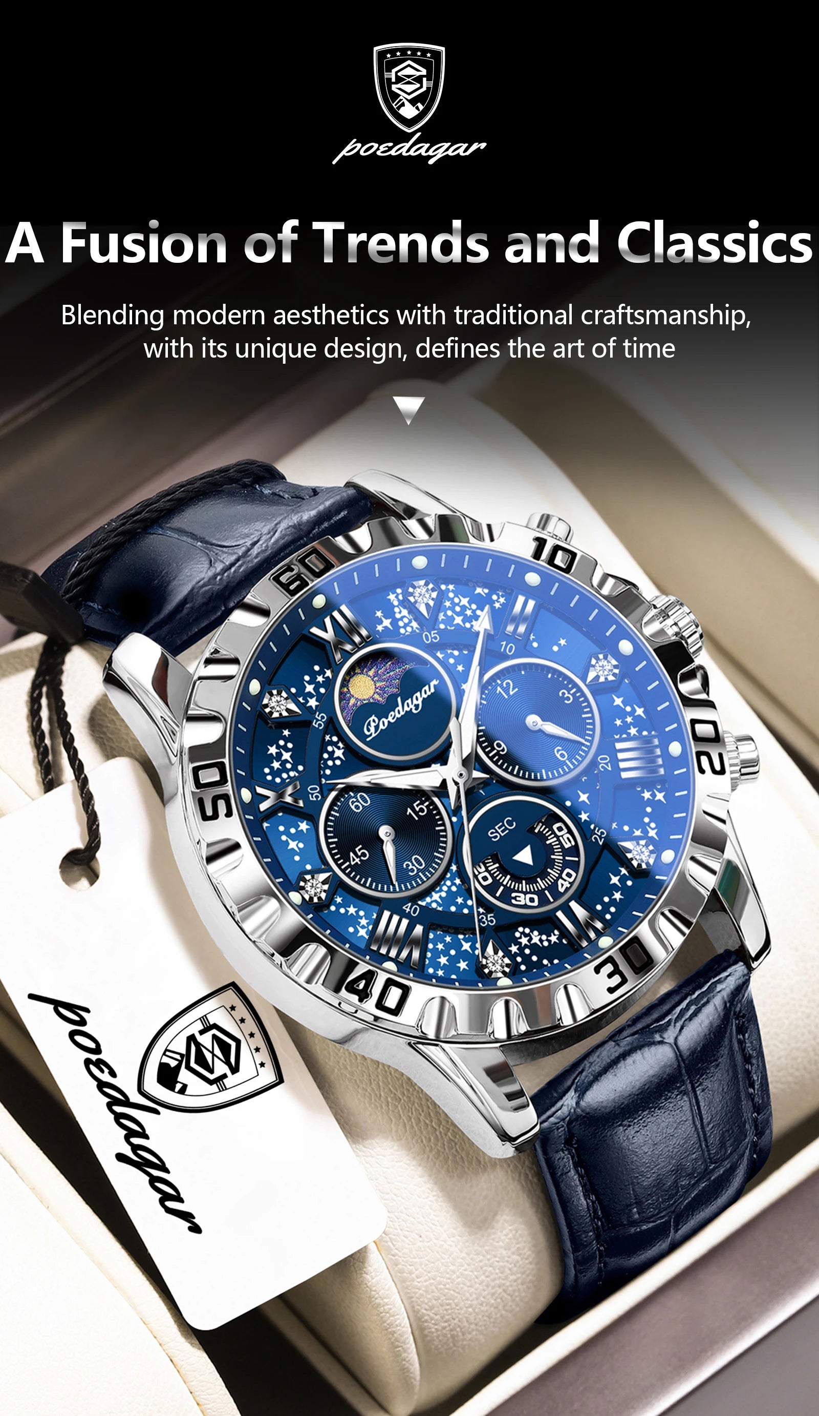 POEDAGAR Top Functional Luxury Man Wristwatch Waterproof Luminous Chronograph Leather Sports Watches For Men Quartz Men's Watch