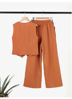 Casual Tank And Wide Leg Pant Sets 2 Piece Sets Women Outfit Summer Elegant Solid Cotton Linen Tops Trousers Suit Femme