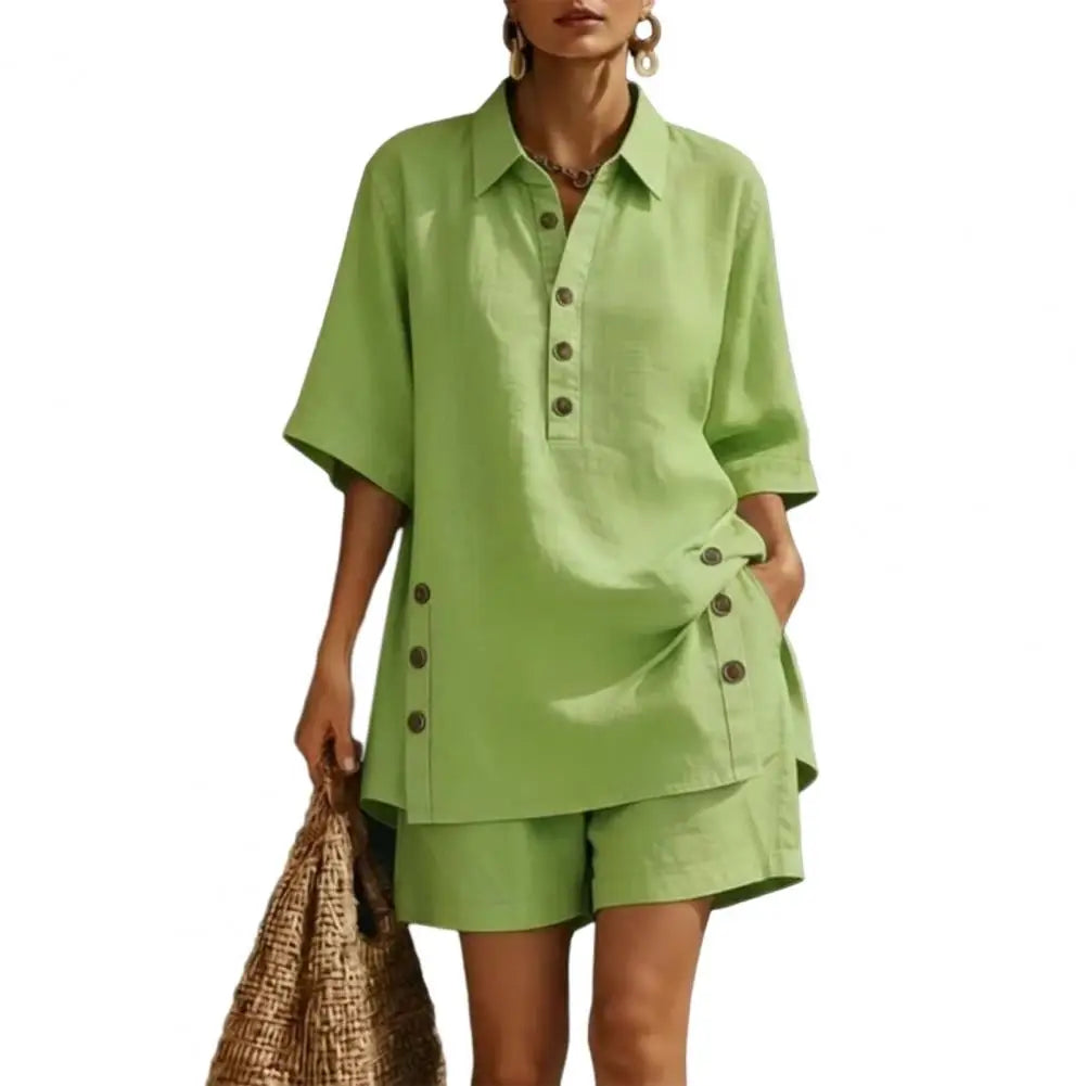 Fresh Color Women Blouse Cotton Linen Set Button Short Sleeve Shirt And Wide Leg Shorts 2 Piece Outfit Summer Women Outfit