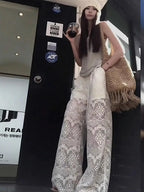 Hollow Lace White Casual Wide Leg 2025 Loose New Lazy Style Design Straight Trousers