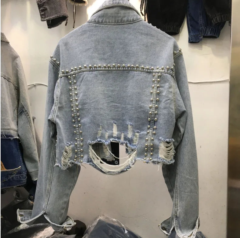 Women's Heavy Industry Riveted Diamond Denim Jacket Spring  Autumn New Slim Fashion Frayed Beaded Jacket Denim Female Tops 2026