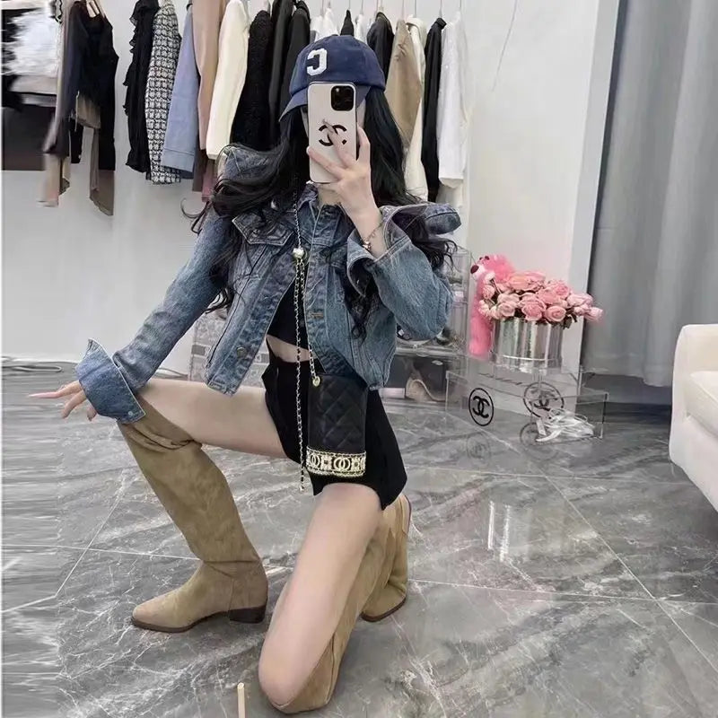 American Vintage Cropped Jackets Women Denim Chic Design Hip Hop Streetwear Young Slim Outwear Long Sleeve New Spring Popular