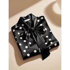 Elegant High Quality Satin Polka Dot Print Shirt Women Office Lady Business Casual Chic Blouse Lace-up Bow Long Sleeve Loose Top