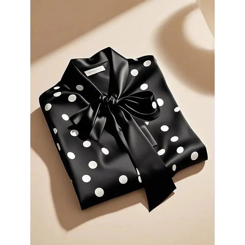 Elegant High Quality Satin Polka Dot Print Shirt Women Office Lady Business Casual Chic Blouse Lace-up Bow Long Sleeve Loose Top