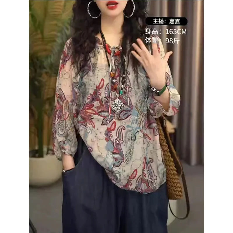 New Womens Cotton and Linen Clothing Sets Female Floral Long Sleeve Tops and Loose Pants Female 2PCS Outfits Plus Size