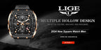 LIGE Waterproof Watches For Men Original Brand Luxury Silicone Square Men's Quartz Wristwatch Fashion Military Chronograph Male